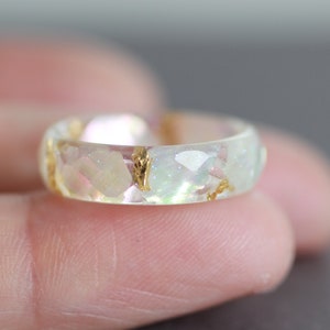 Shell Resin Ring, White Pearl Ring with gold flakes and stardust, crystal band ring, organic ring, nature inspired jewelry for women